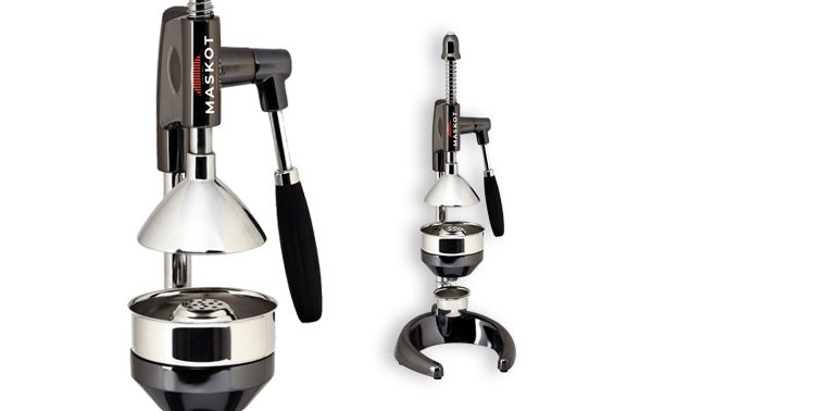 Sapphire-coated Moon commercial citrus juicer, close-up and full view