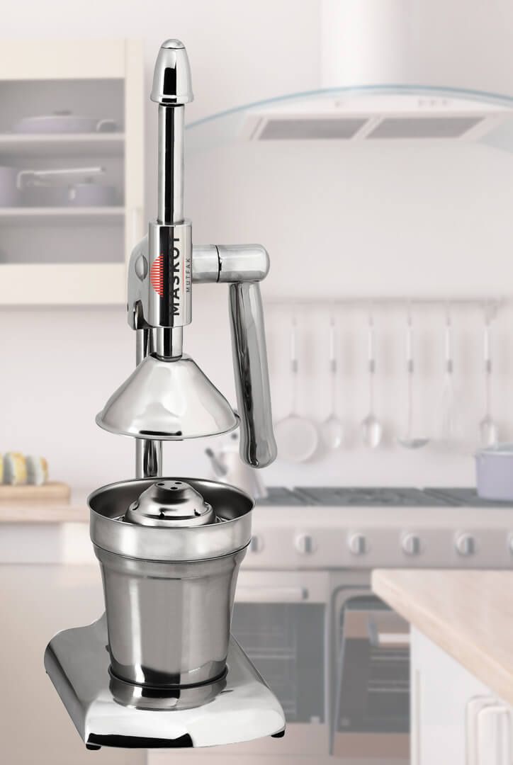 Chrome household citrus juicer on a kitchen counter